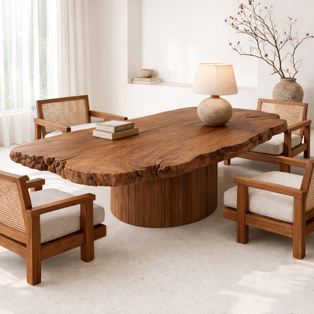 Handcrafted Solid Wood Coffee Table with Live Edge Top and Sculptural Base