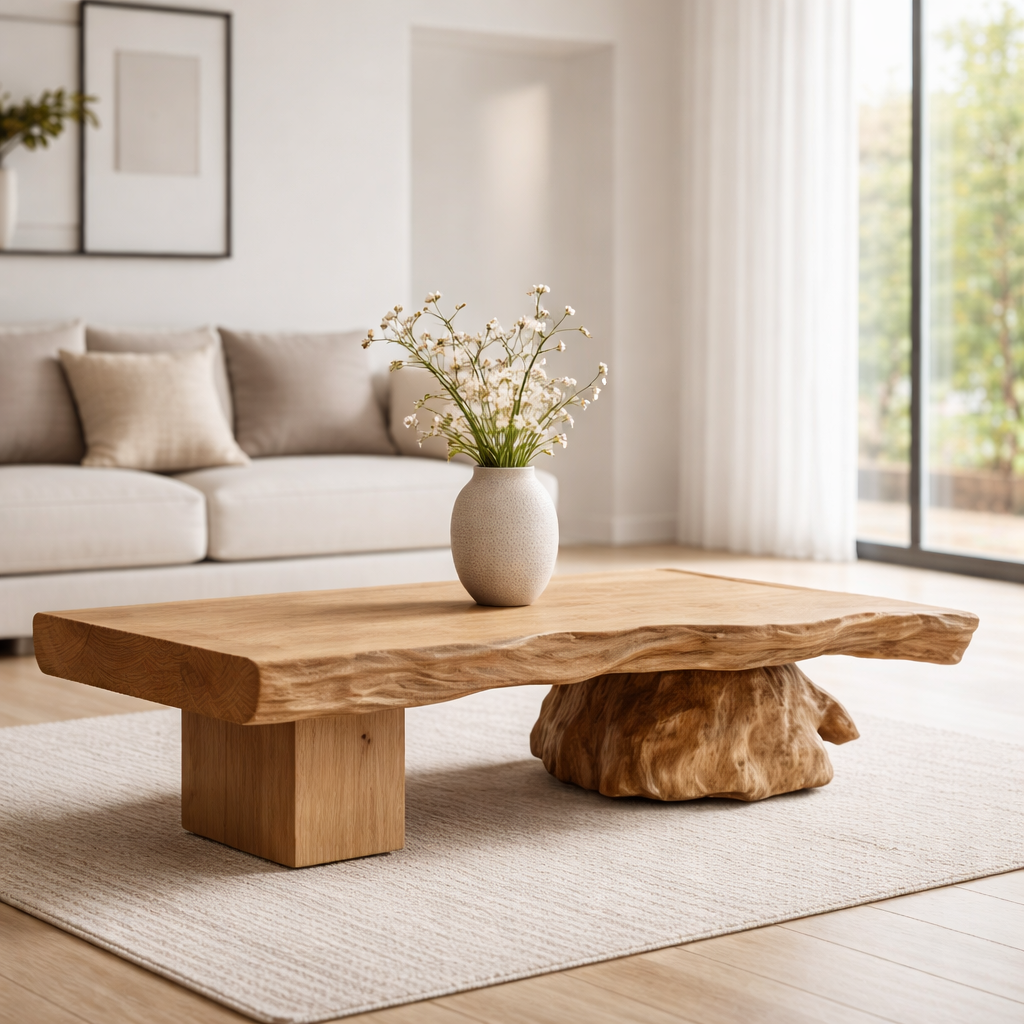 Live Edge Solid Wood Coffee Table with Sculptural Base – Handcrafted Rustic Modern Design