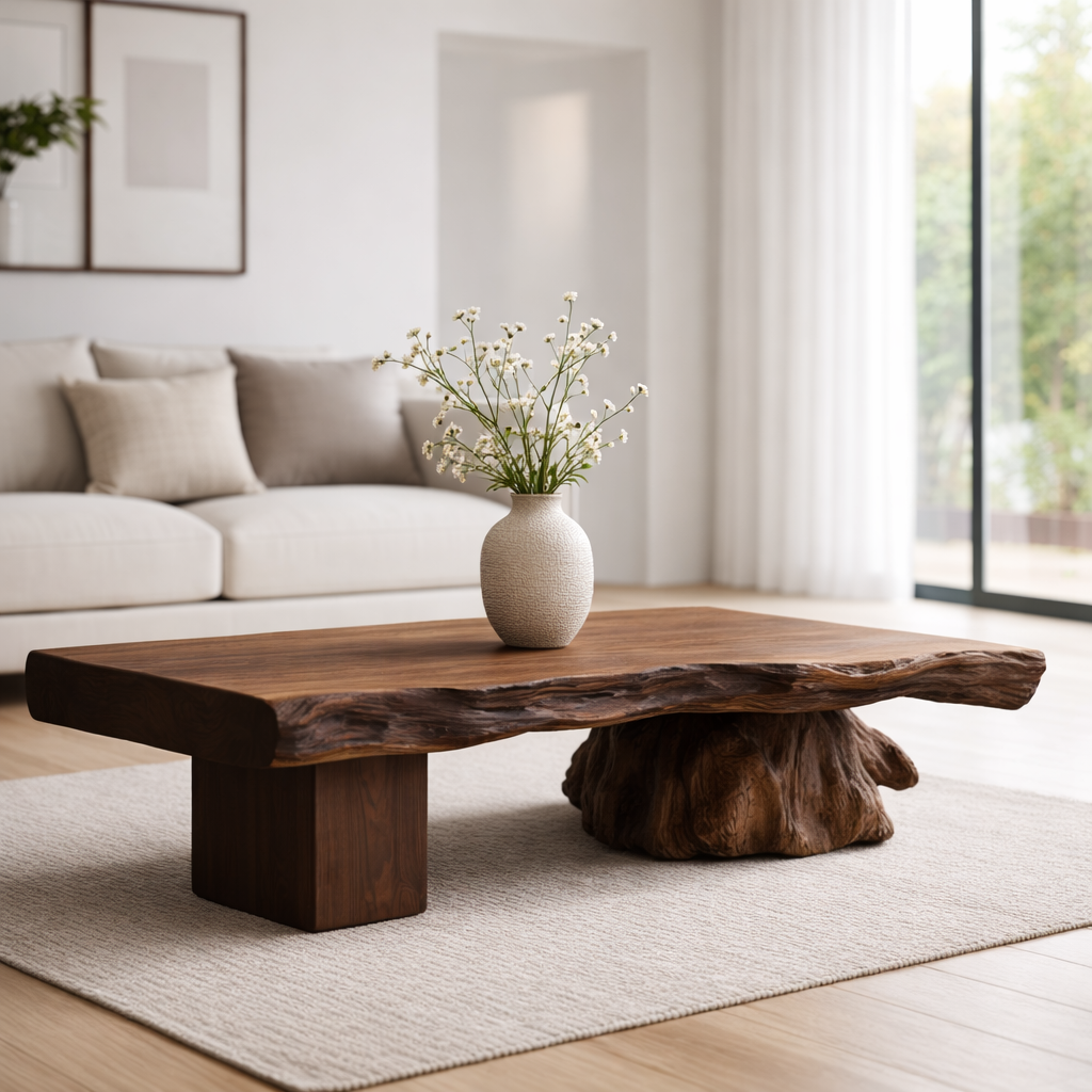 Live Edge Solid Wood Coffee Table with Sculptural Base – Handcrafted Rustic Modern Design