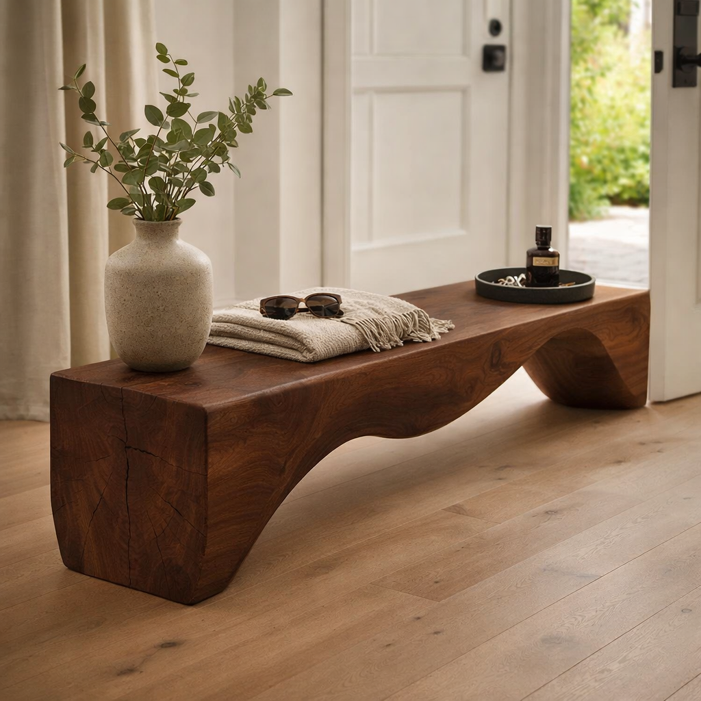 Solid Wood Entryway Bench with Curved Sculptural Base – Modern Minimalist Design