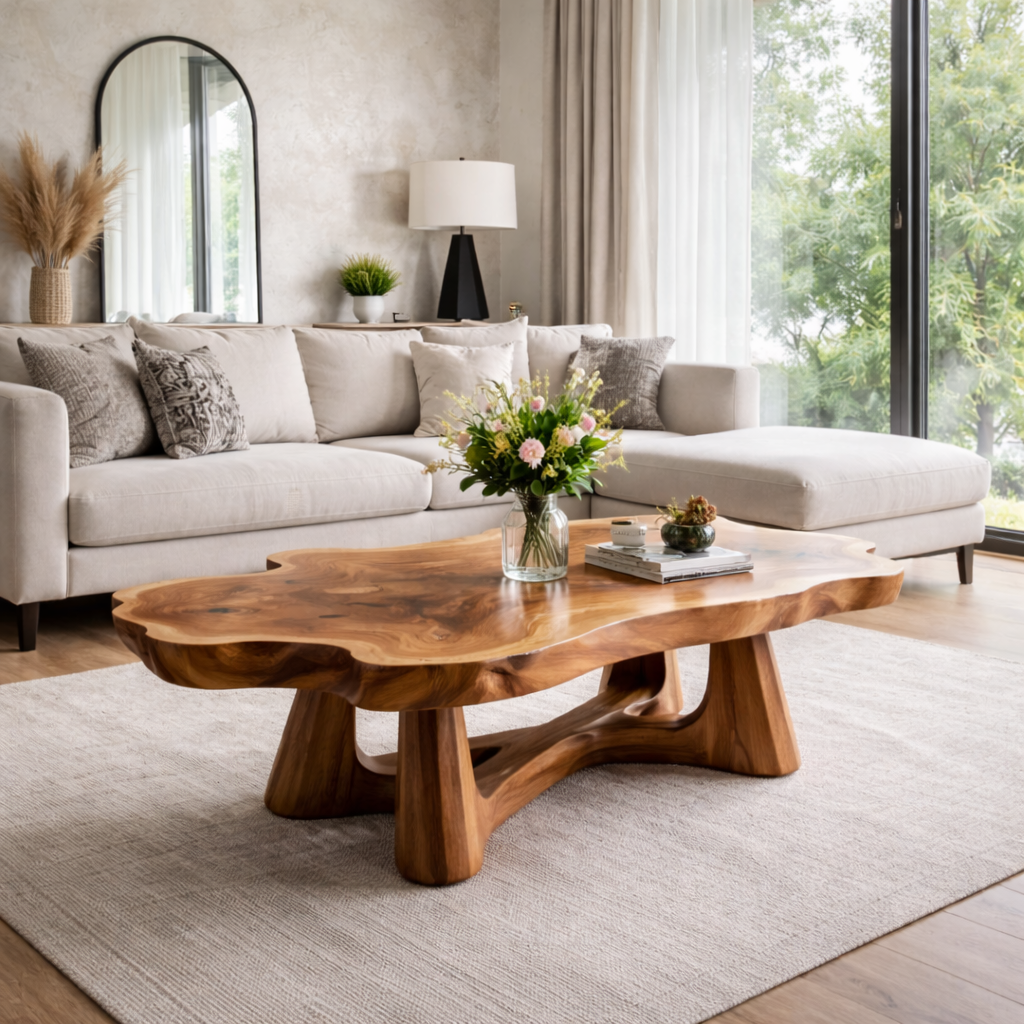 Solid Wood Live Edge Coffee Table with Sculptural Base and Organic Curved Design