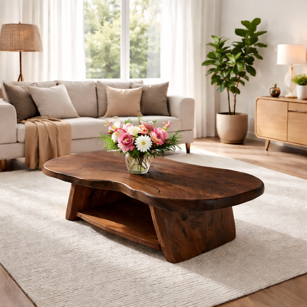 Organic Solid Wood Coffee Table with Sculpted Base in Light Natural Oak
