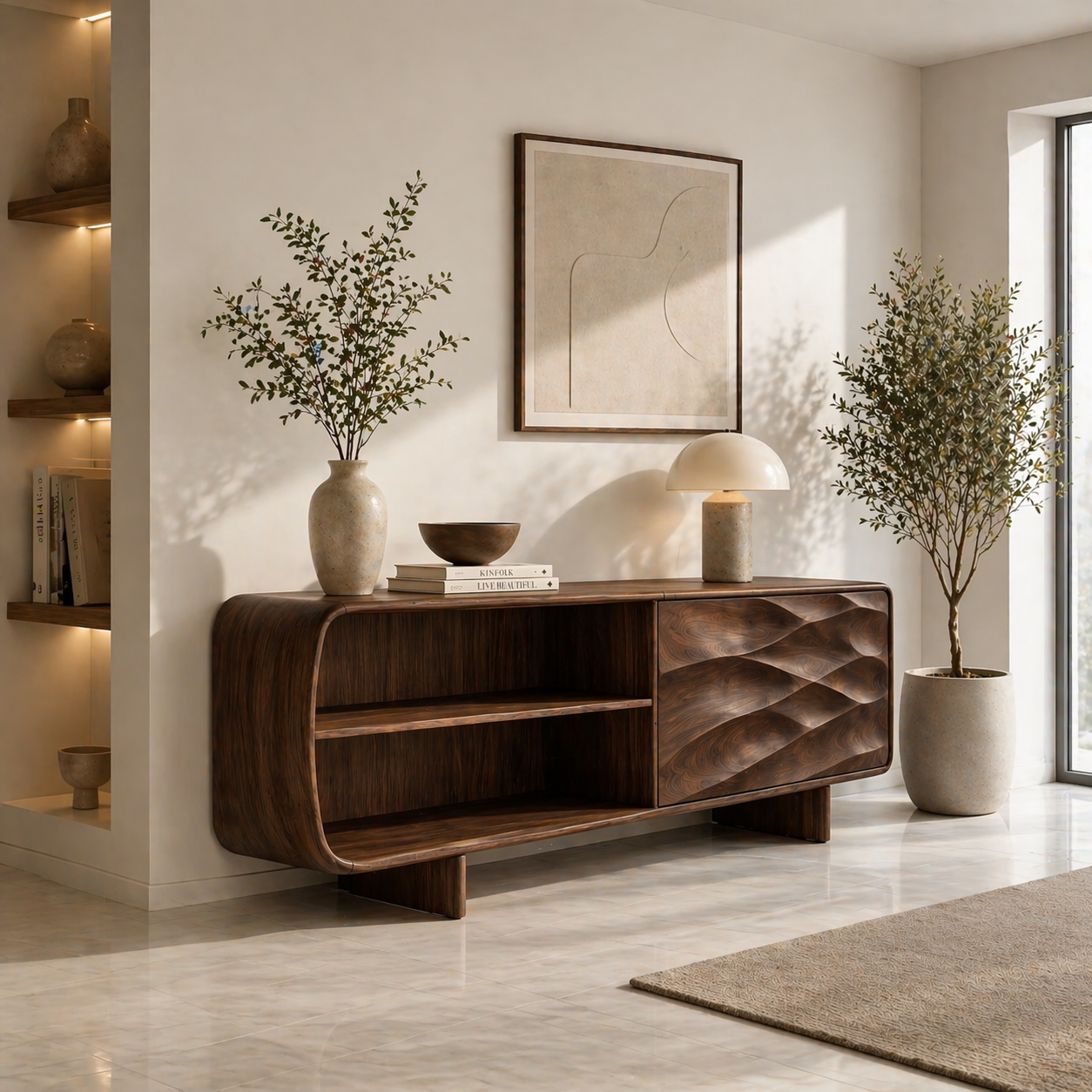 Solid Wood TV Stand with Curved Frame and Wave Carved Door in Walnut Finish