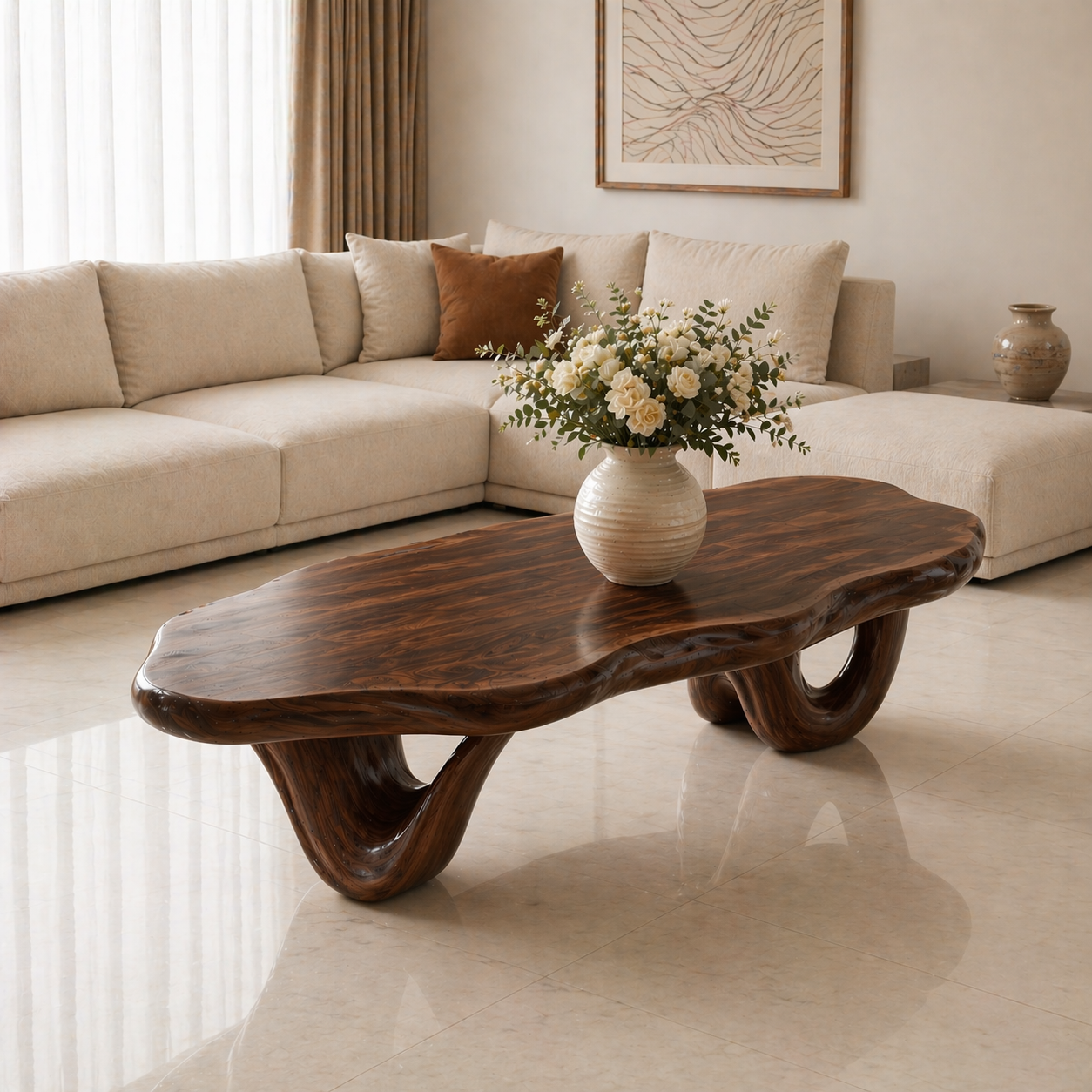 Solid Wood Coffee Table with Live Edge Top and Sculptural Loop Base