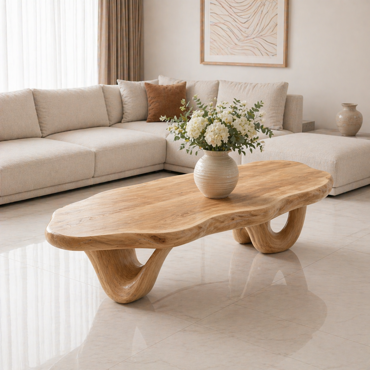 Solid Wood Coffee Table with Live Edge Top and Sculptural Loop Base