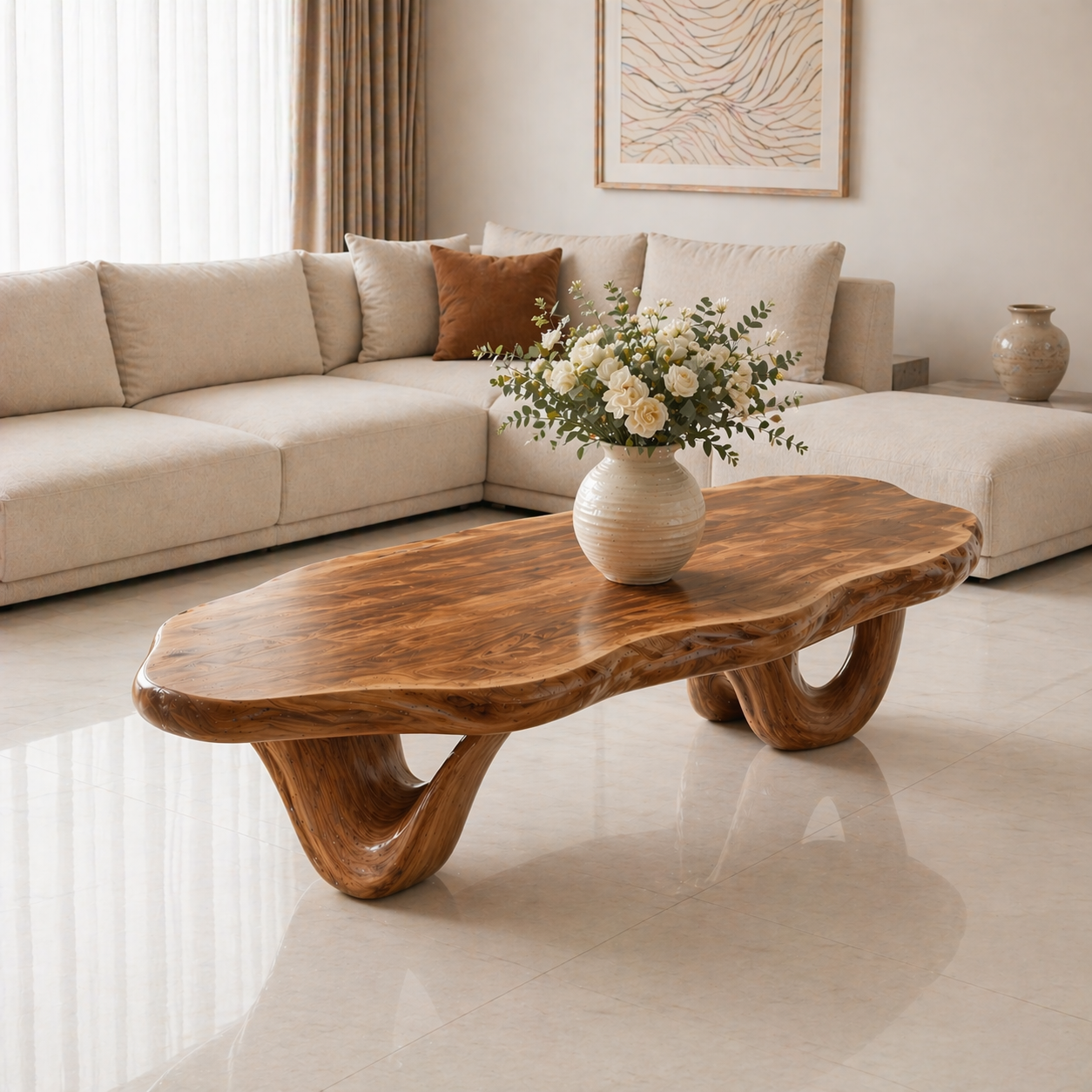 Solid Wood Coffee Table with Live Edge Top and Sculptural Loop Base