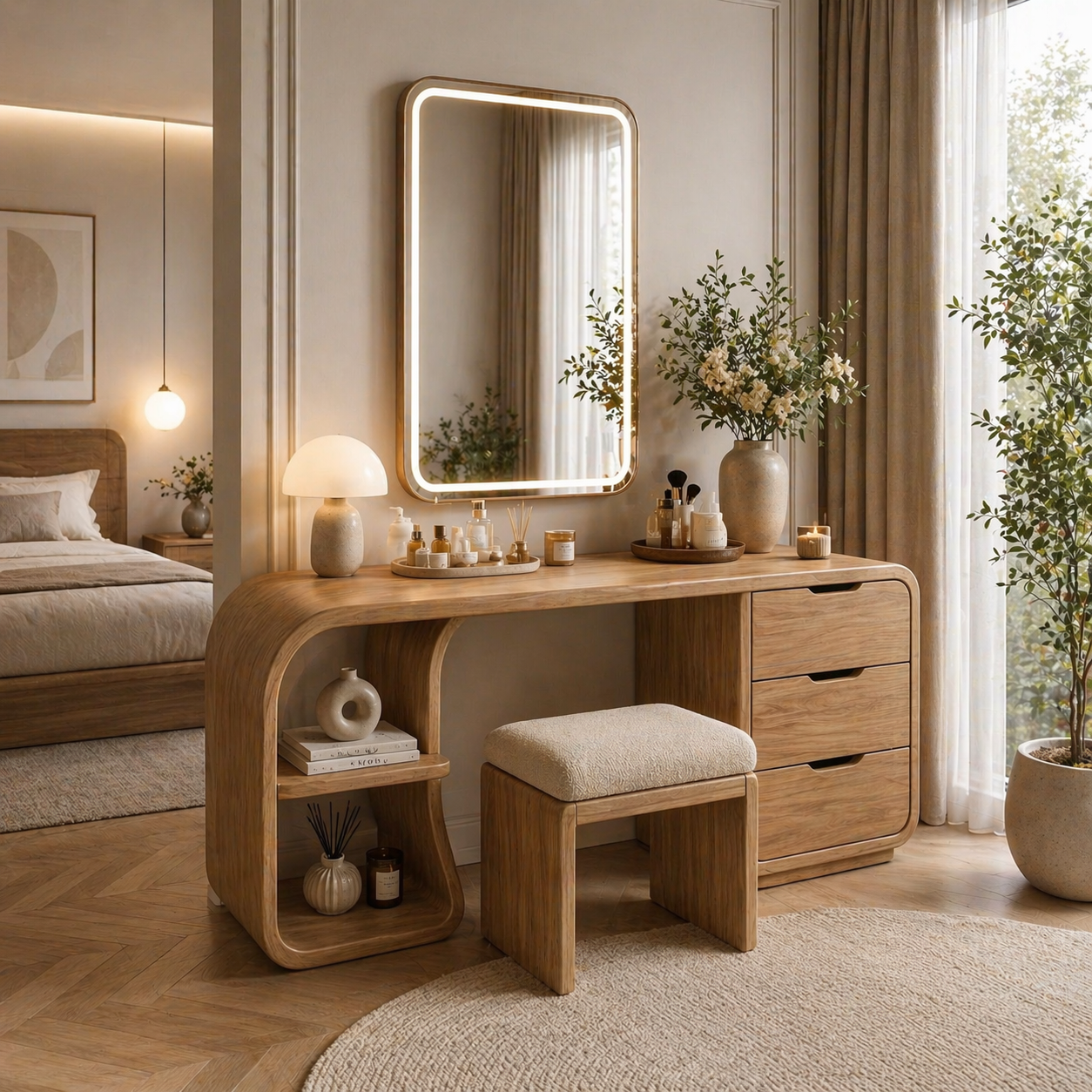 Solid Wood Makeup Vanity Desk with Rounded Waterfall Design and Drawers