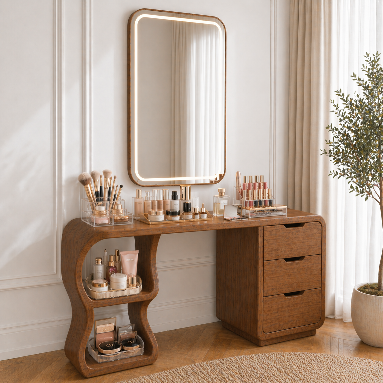 Solid Wood Makeup Vanity Desk with Sculptural Curved Base and 3 Drawers