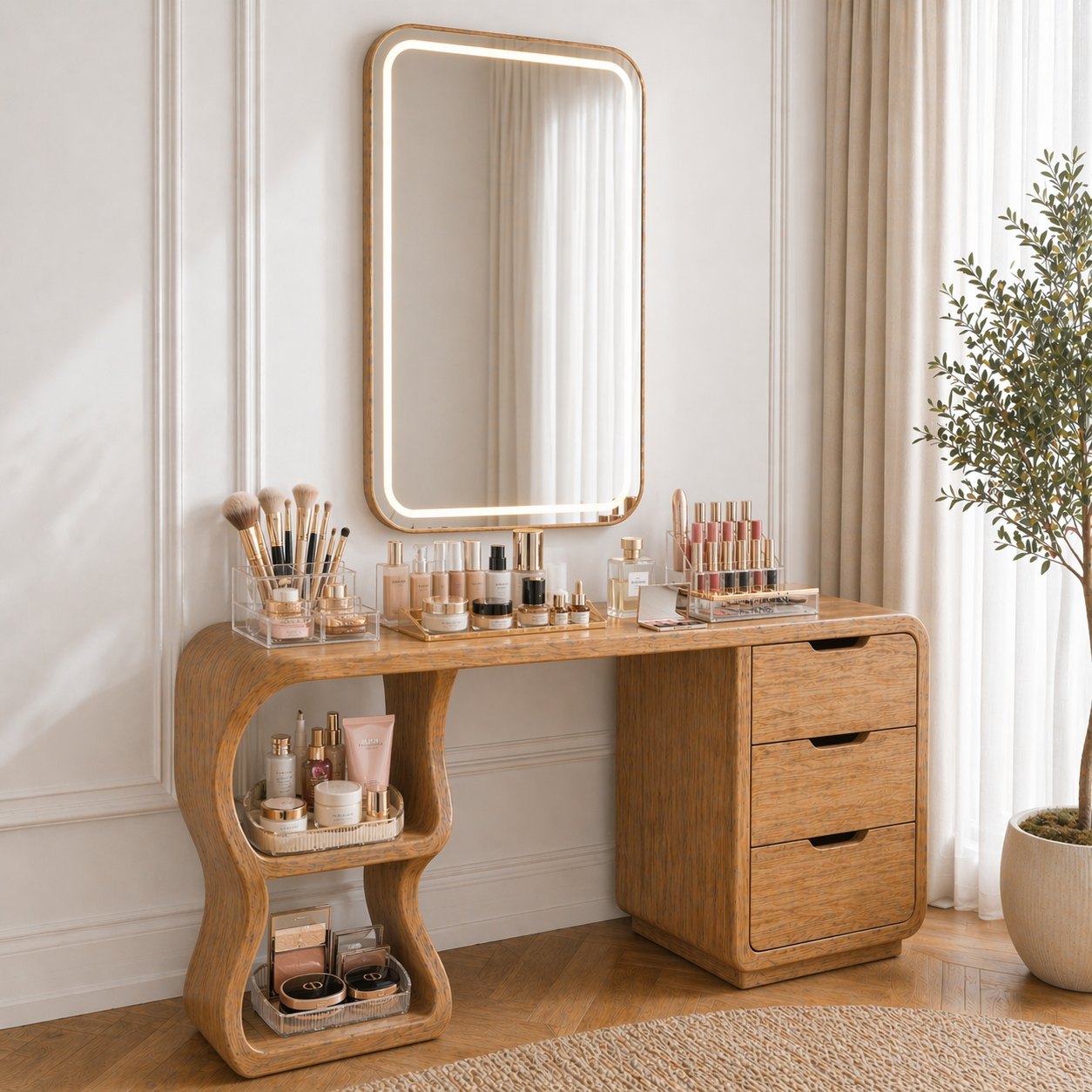 Solid Wood Makeup Vanity Desk with Sculptural Curved Base and 3 Drawers