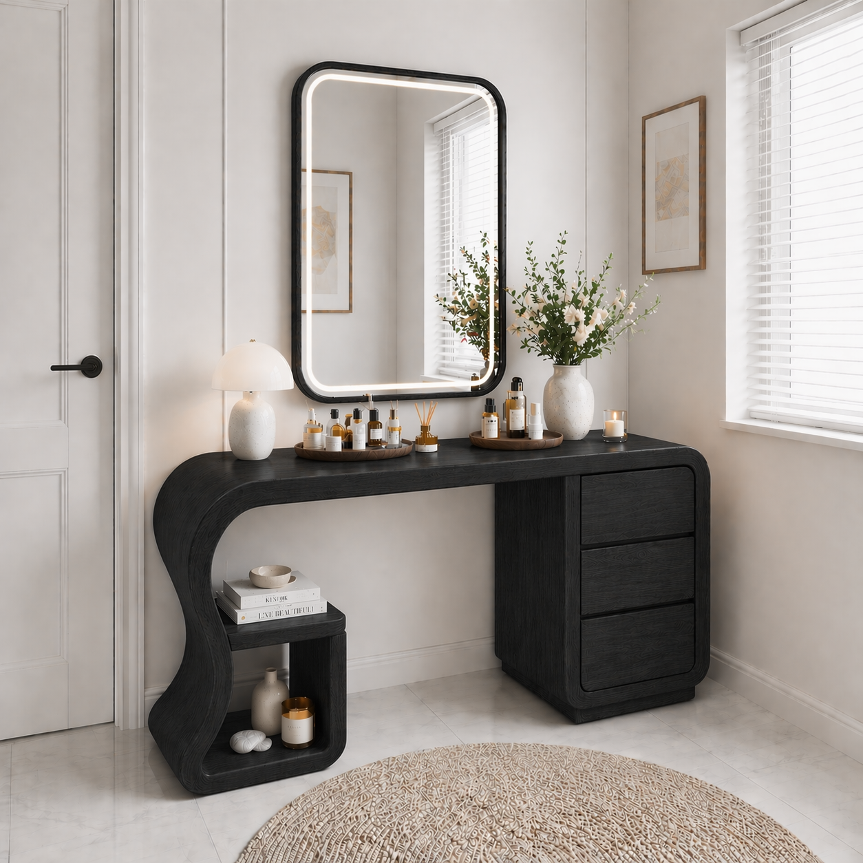 Solid Wood Makeup Vanity Desk with Curved Design and 3 Drawer Storage