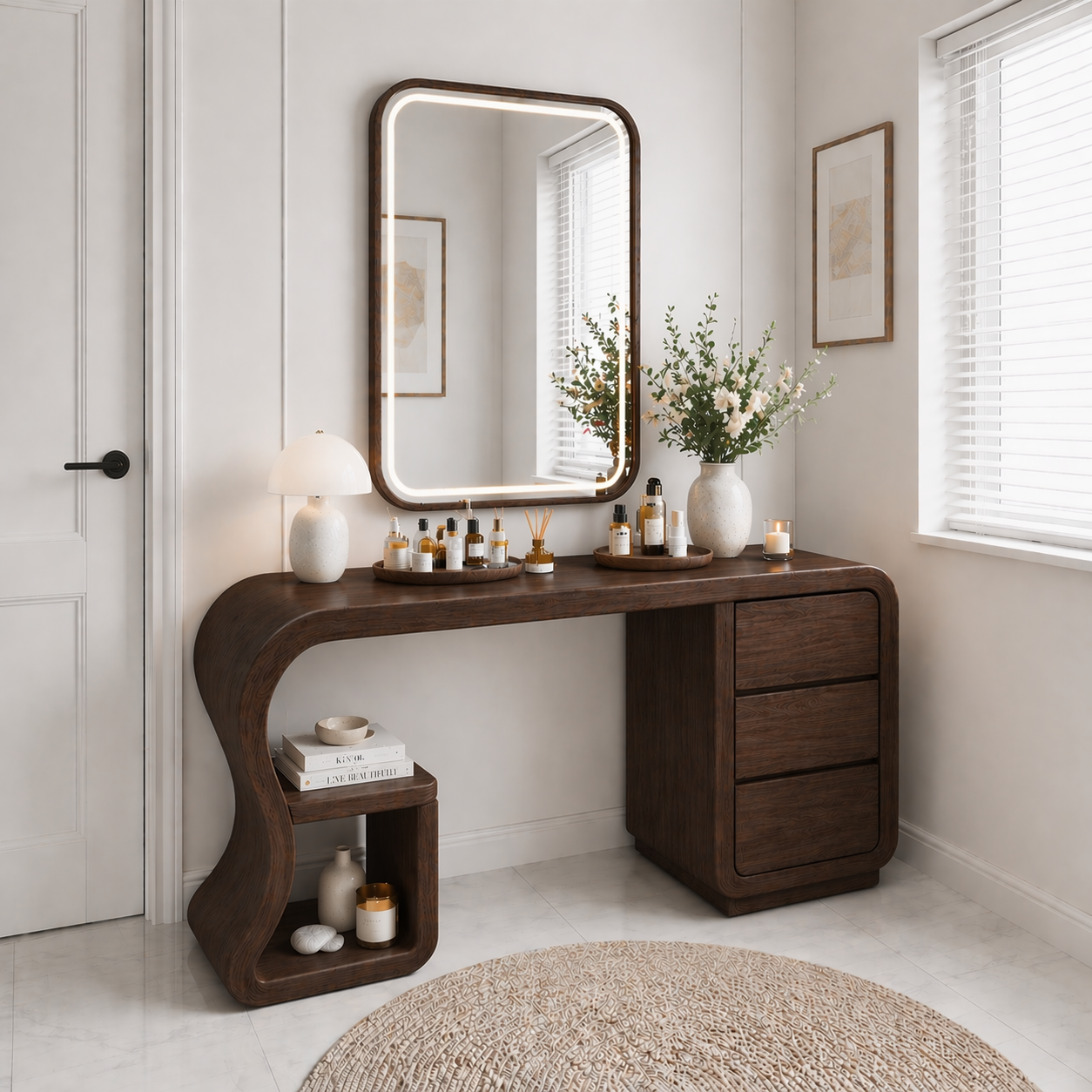 Solid Wood Makeup Vanity Desk with Curved Design and 3 Drawer Storage