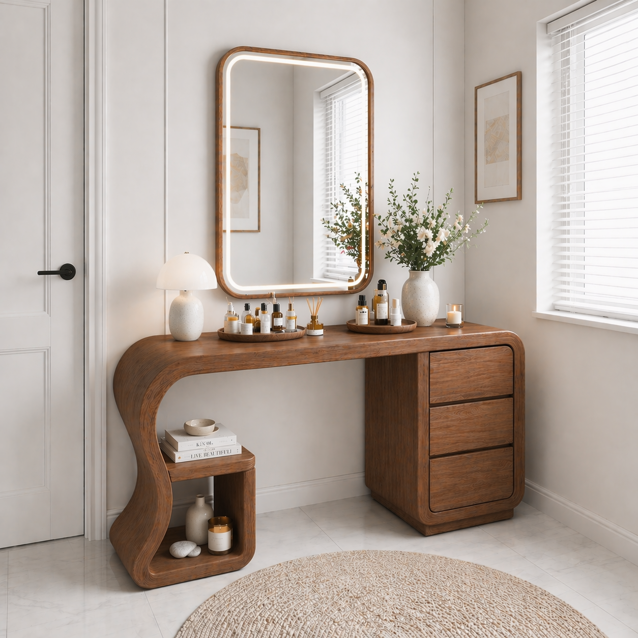 Solid Wood Makeup Vanity Desk with Curved Design and 3 Drawer Storage
