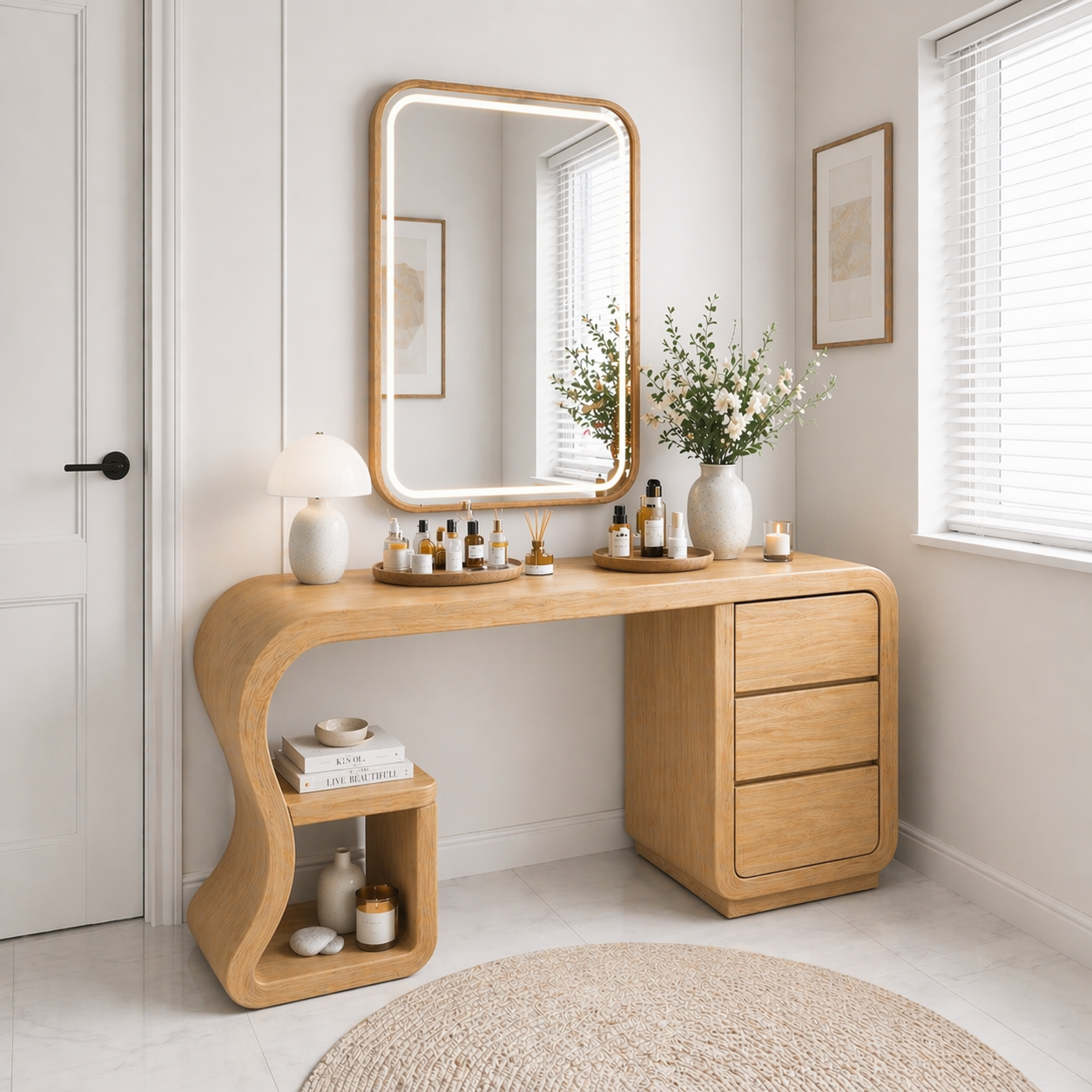 Solid Wood Makeup Vanity Desk with Curved Design and 3 Drawer Storage