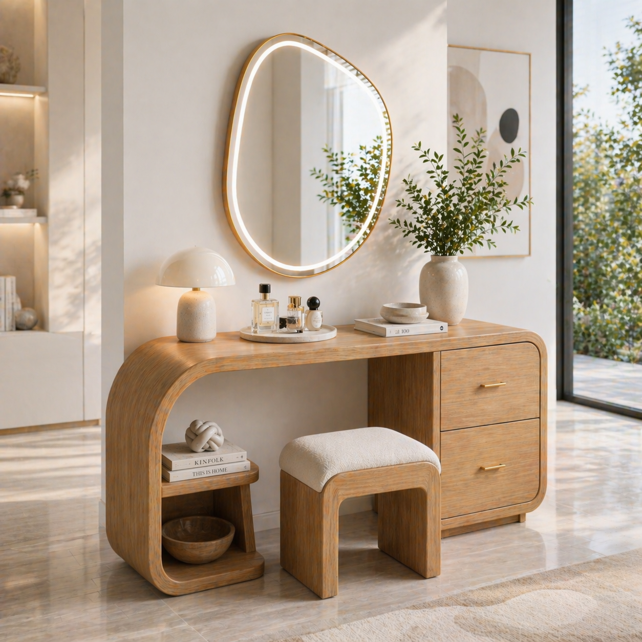 Solid Wood Makeup Vanity Desk with Curved Design and 2 Drawer Storage