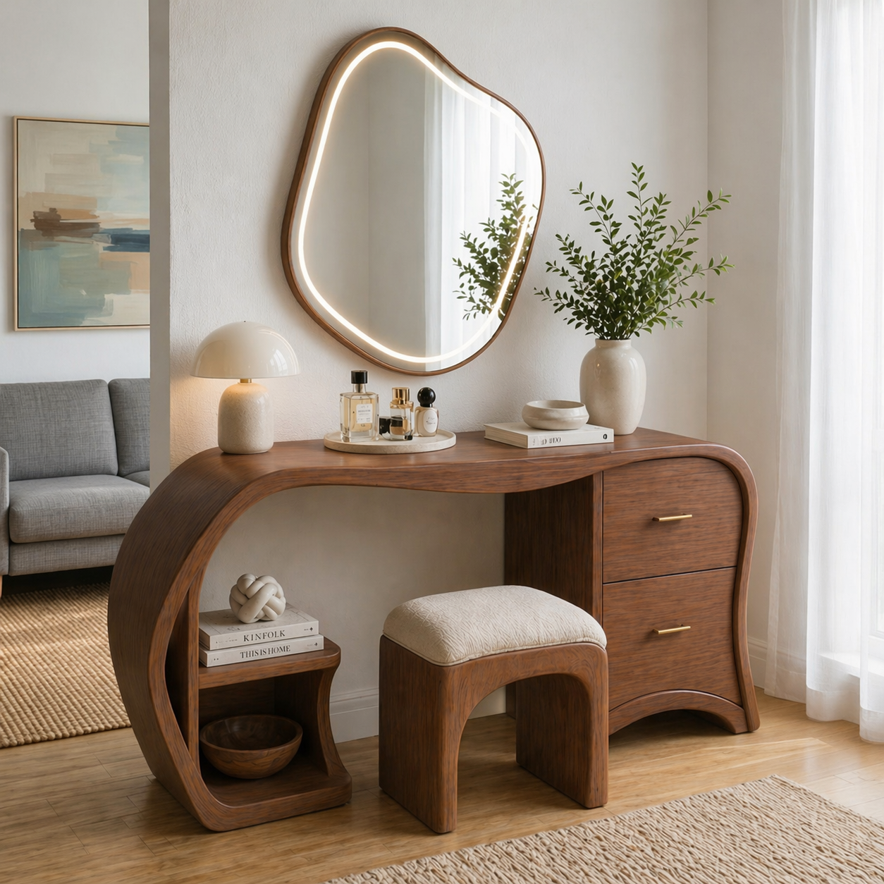 Solid Wood Makeup Vanity Desk with Curved Design and 2 Drawers