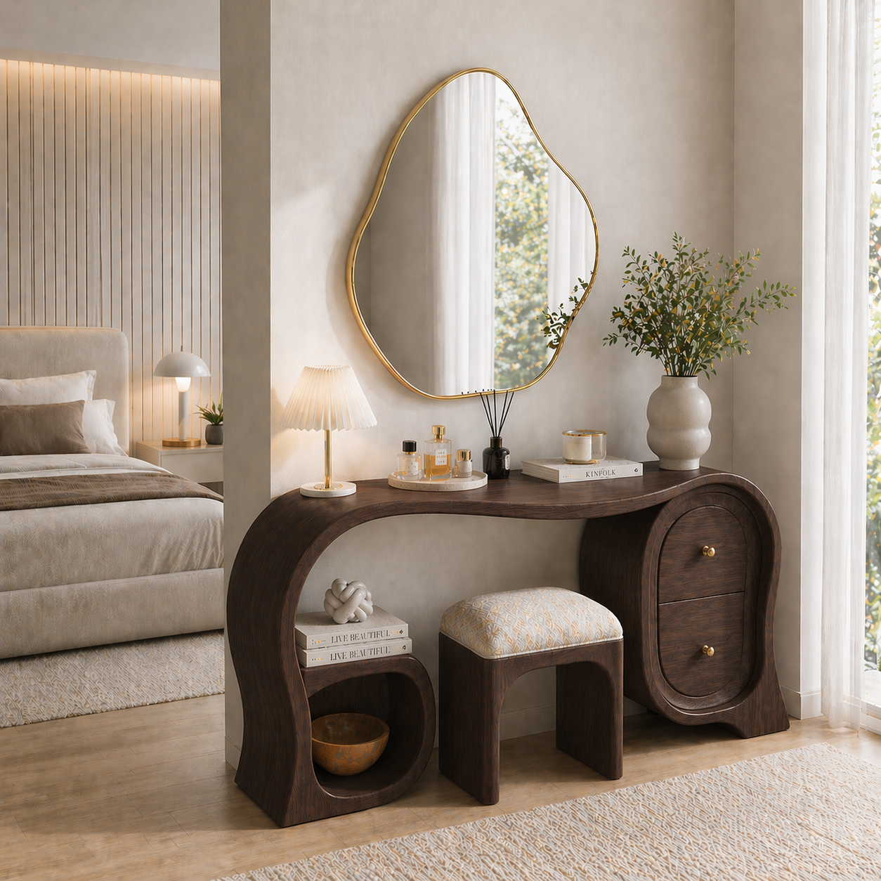 Solid Wood Makeup Vanity Desk with Sculptural Arch Design and Drawer Storage