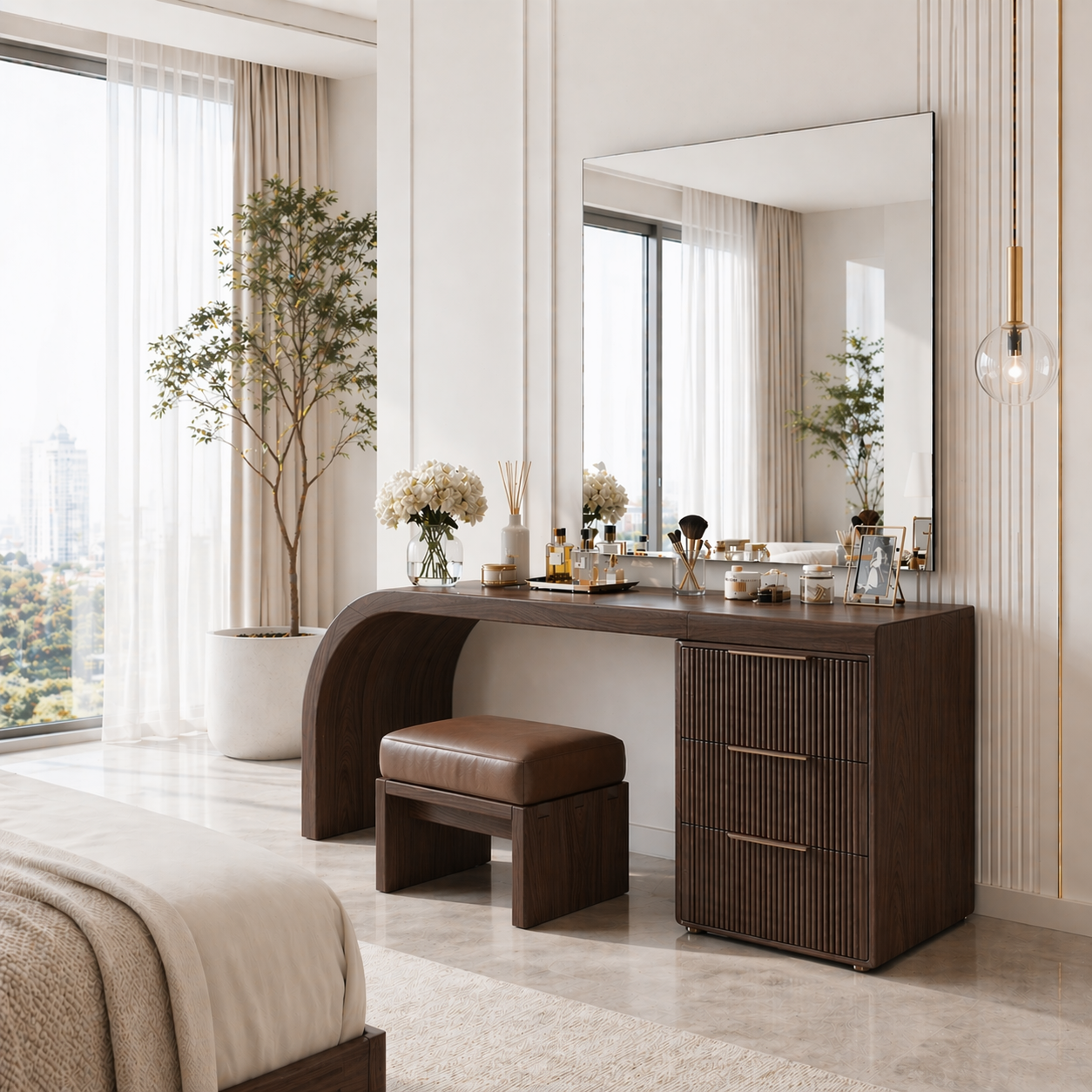 Solid Wood Makeup Vanity Desk with Curved Base and Fluted Drawer Cabinet