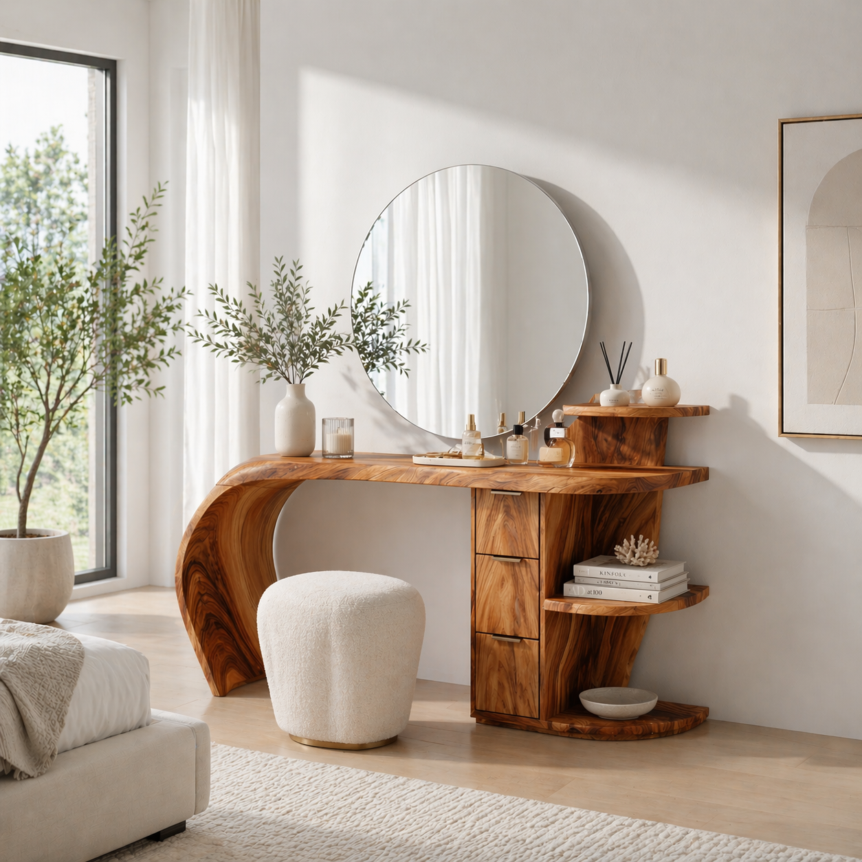 Solid Wood Makeup Vanity Desk with Sculptural Curved Design and Storage Drawers