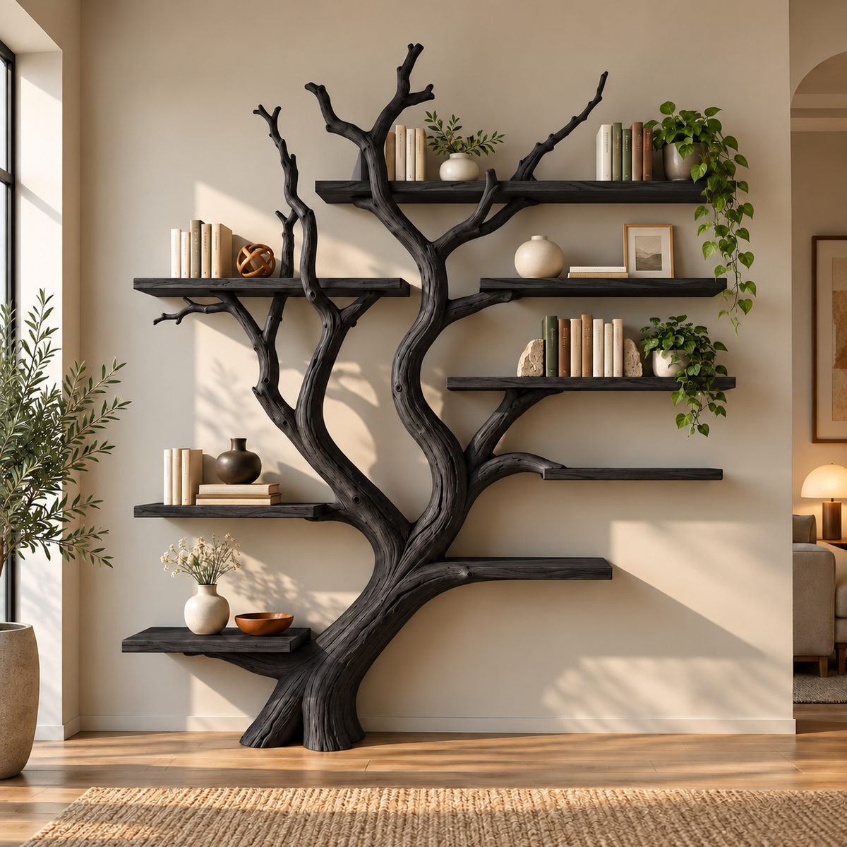 Handcrafted Sculptural Solid Wood Tree Bookshelf