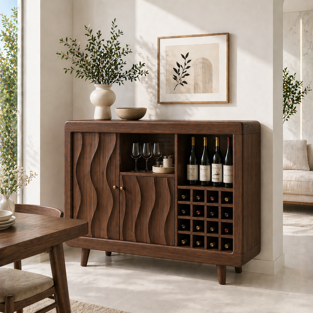 Solid Wood Wine Cabinet with Wave Carved Doors and Built-in Bottle Storage