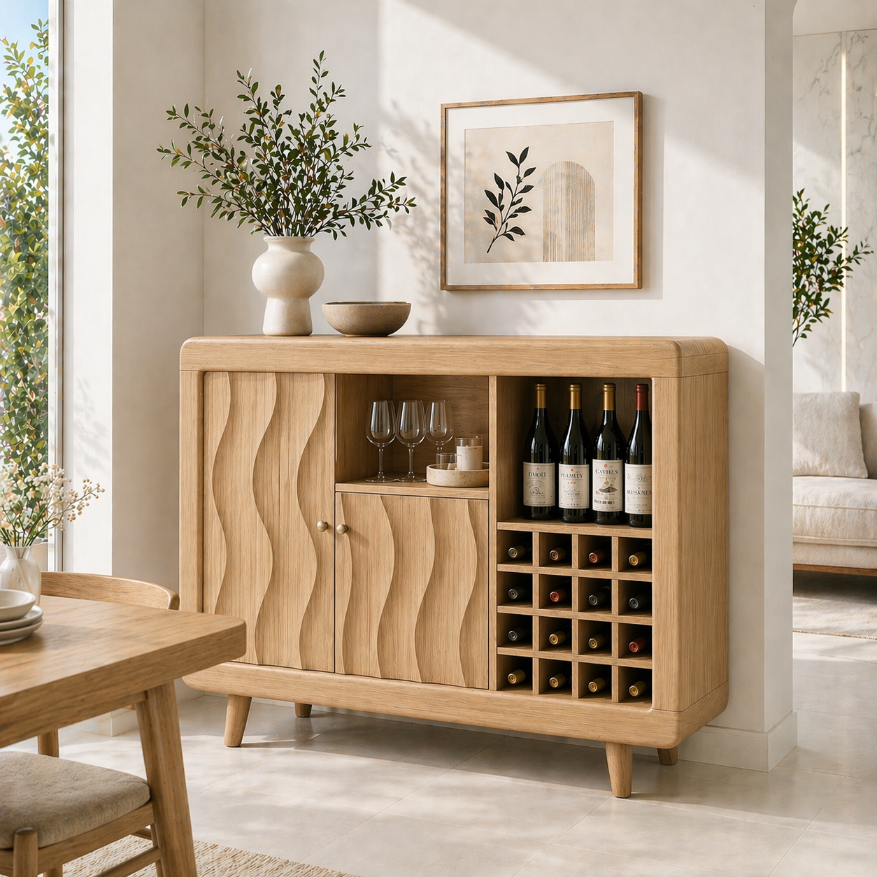 Solid Wood Wine Cabinet with Wave Carved Doors and Built-in Bottle Storage