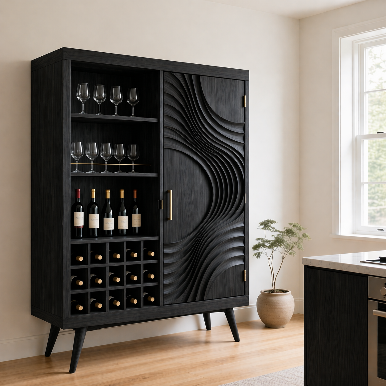 Solid Wood Wine Cabinet with Sculpted Wave Doors and Bottle Storage