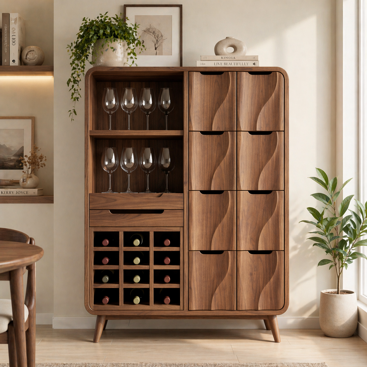 Solid Wood Wine Cabinet with Wave Carved Drawers and Glassware Storage
