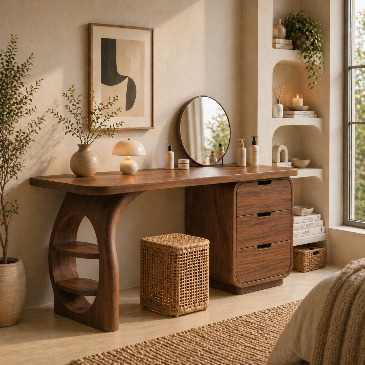 Solid Wood Makeup Vanity Desk with Sculptural Base and Drawer Storage