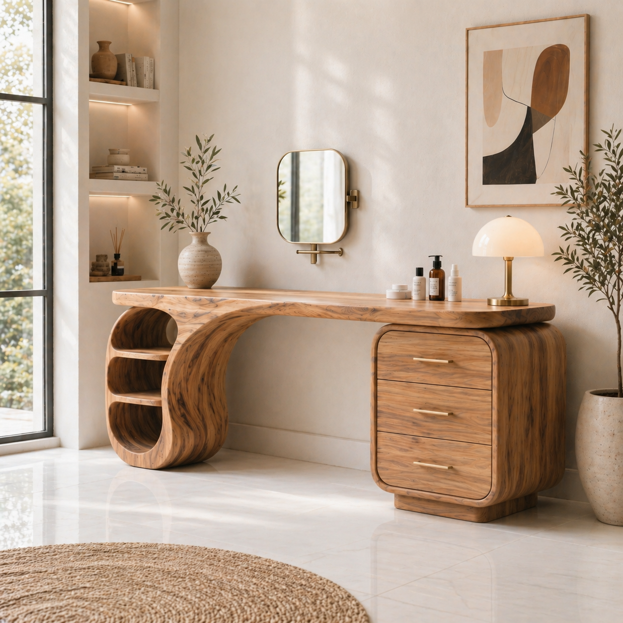 Solid Wood Makeup Vanity Desk with Sculptural Curved Base and Drawer Storage