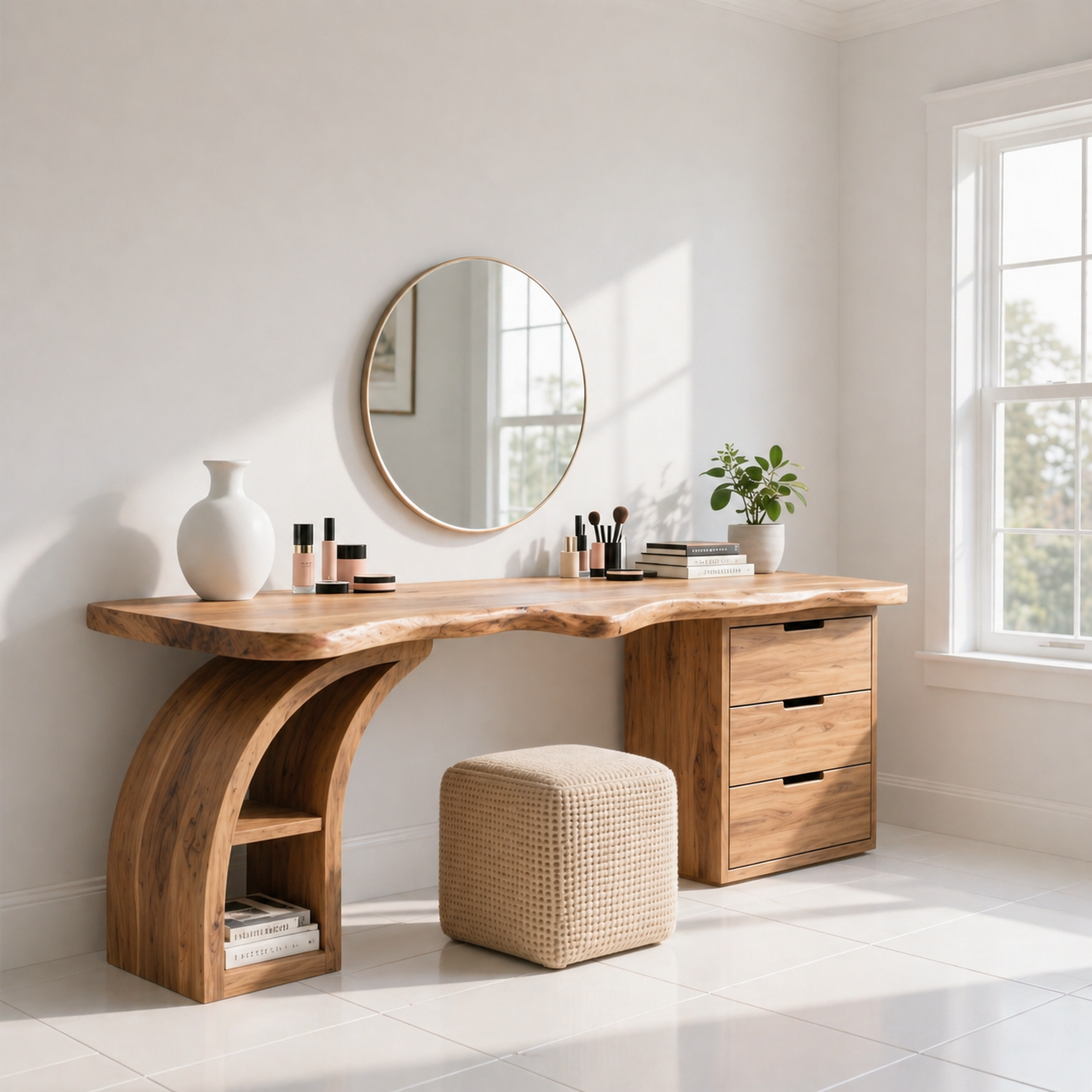 Solid Wood Makeup Vanity Desk with Live Edge Top and Curved Sculptural Base