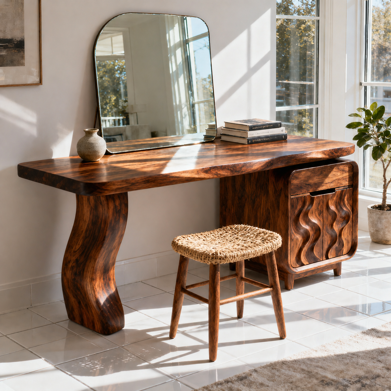 Luxury Solid Wood Makeup Vanity Desk with Sculptural Base and Wave Door Cabinet