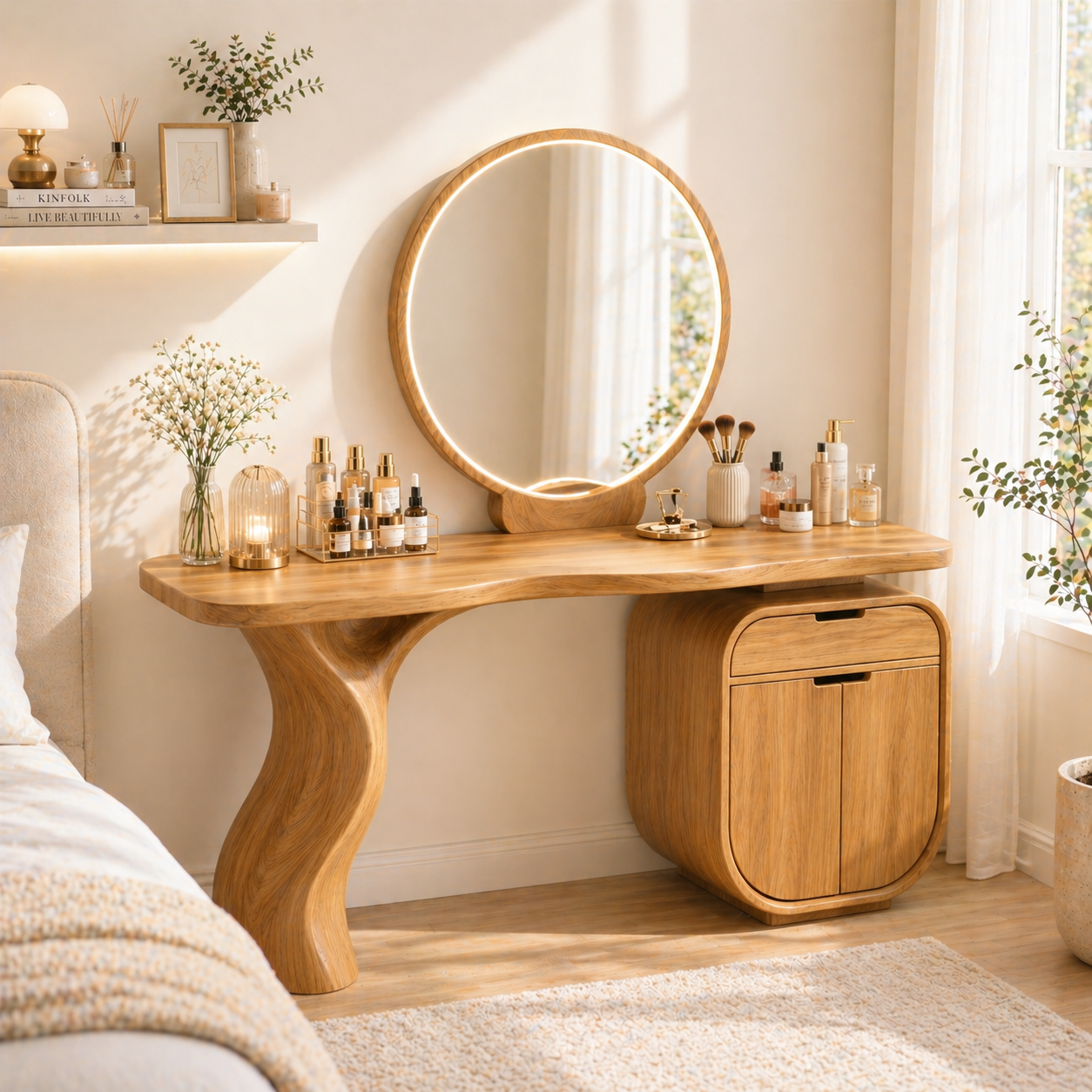 Solid Wood Makeup Vanity with Curved Leg and Storage Cabinet