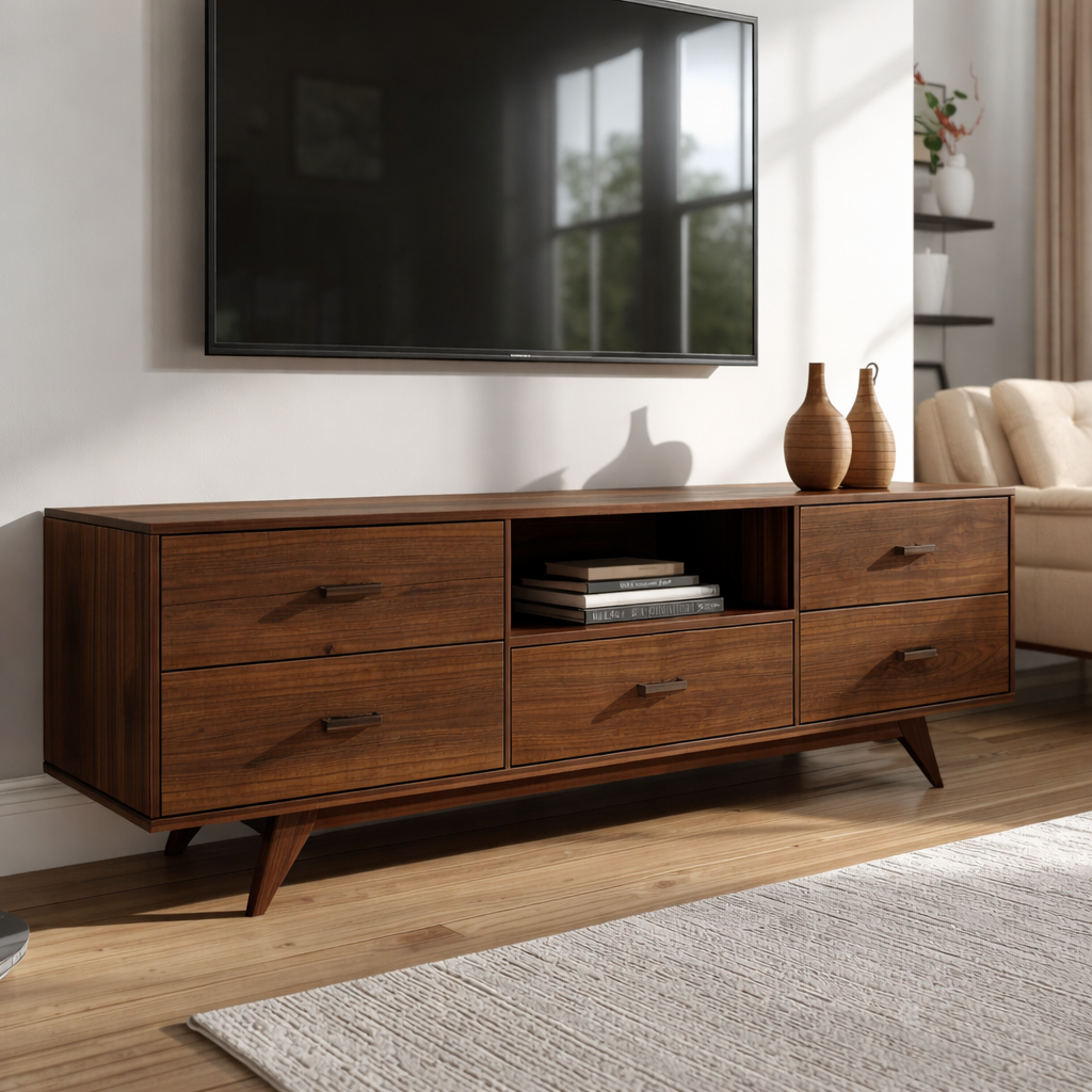 Mid-Century Solid Wood TV Stand with Drawers – Modern Walnut Media Console
