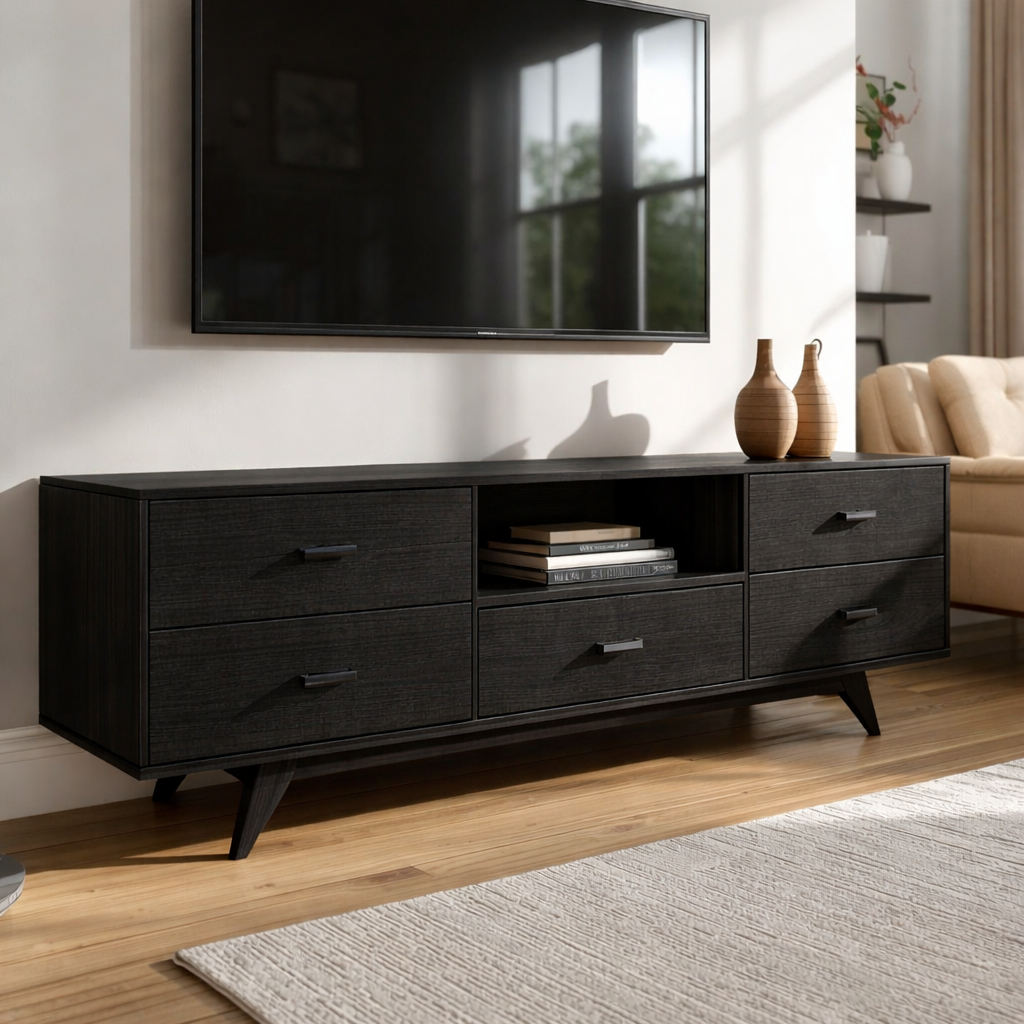 Mid-Century Solid Wood TV Stand with Drawers – Modern Walnut Media Console