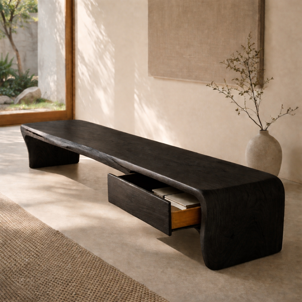 Solid Wood Entryway Bench with Hidden Drawer – Sculptural Minimalist Design