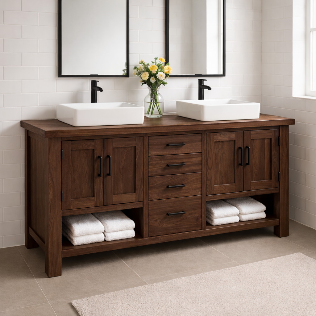 Solid Wood Double Bathroom Vanity with 4 Drawers & Dual Cabinets