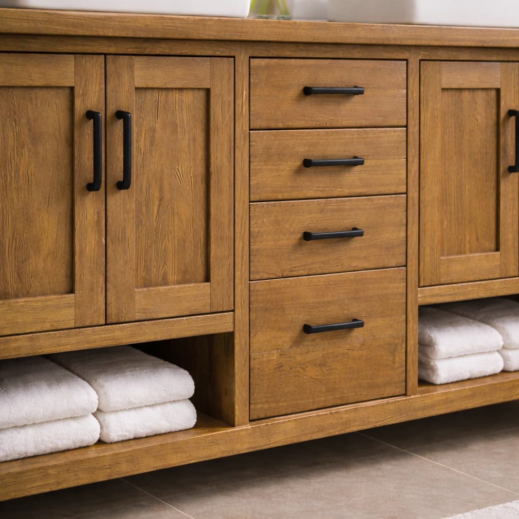 Solid Wood Double Bathroom Vanity with 4 Drawers & Dual Cabinets