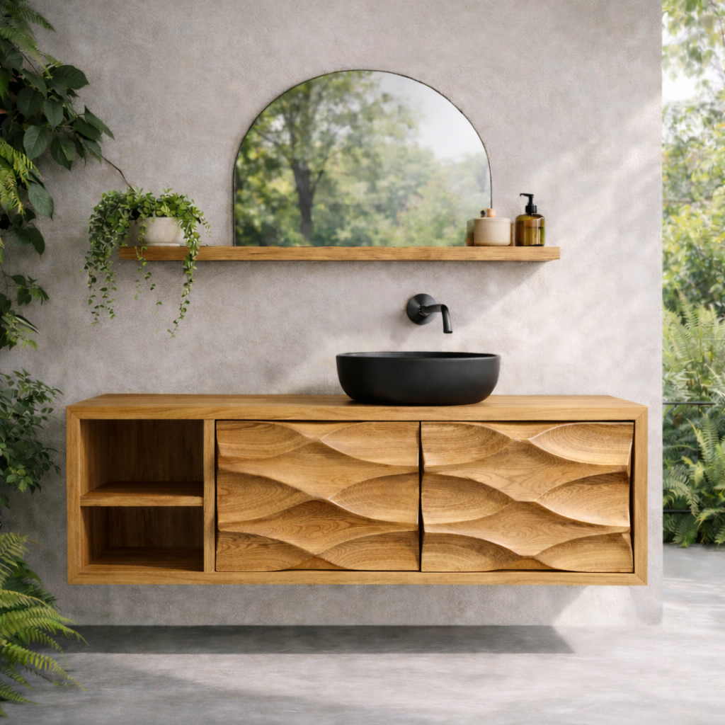 Floating Solid Wood Bathroom Vanity with Carved Double Doors and Open Shelf