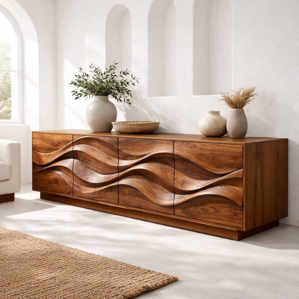 Solid Wood Wave Front TV Stand with Spacious Storage for Modern Living