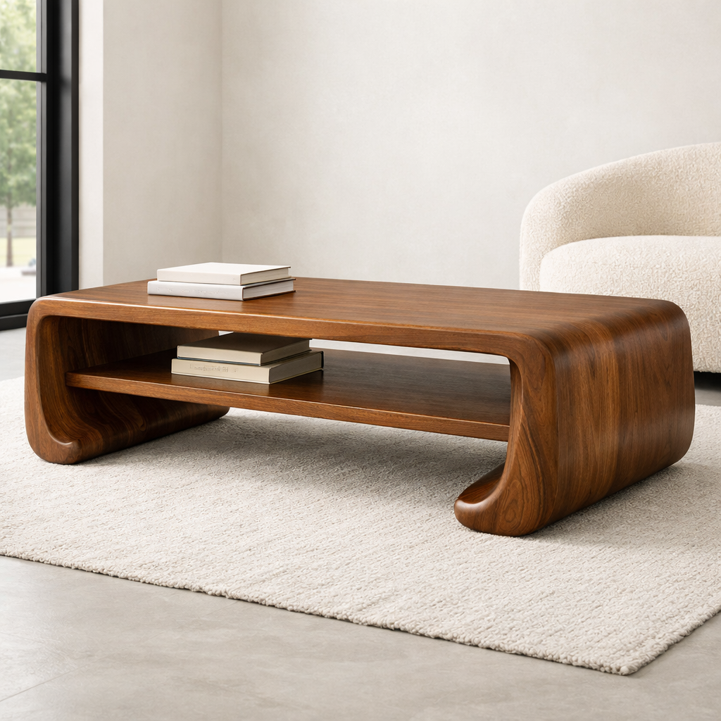 Handcrafted Solid Wood Sculptural Coffee Table with Open Shelf