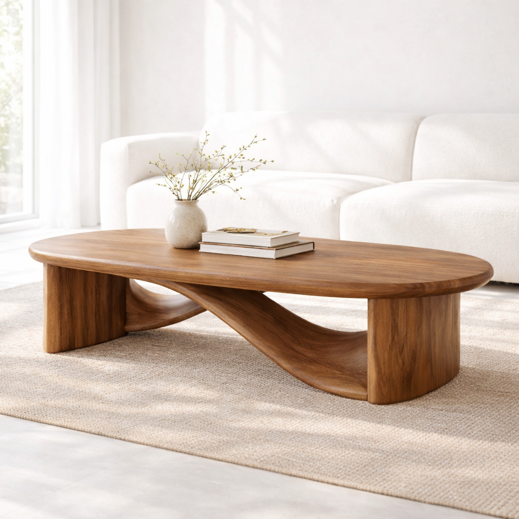 Handcrafted Solid Wood Coffee Table with Sculptural Curved Design
