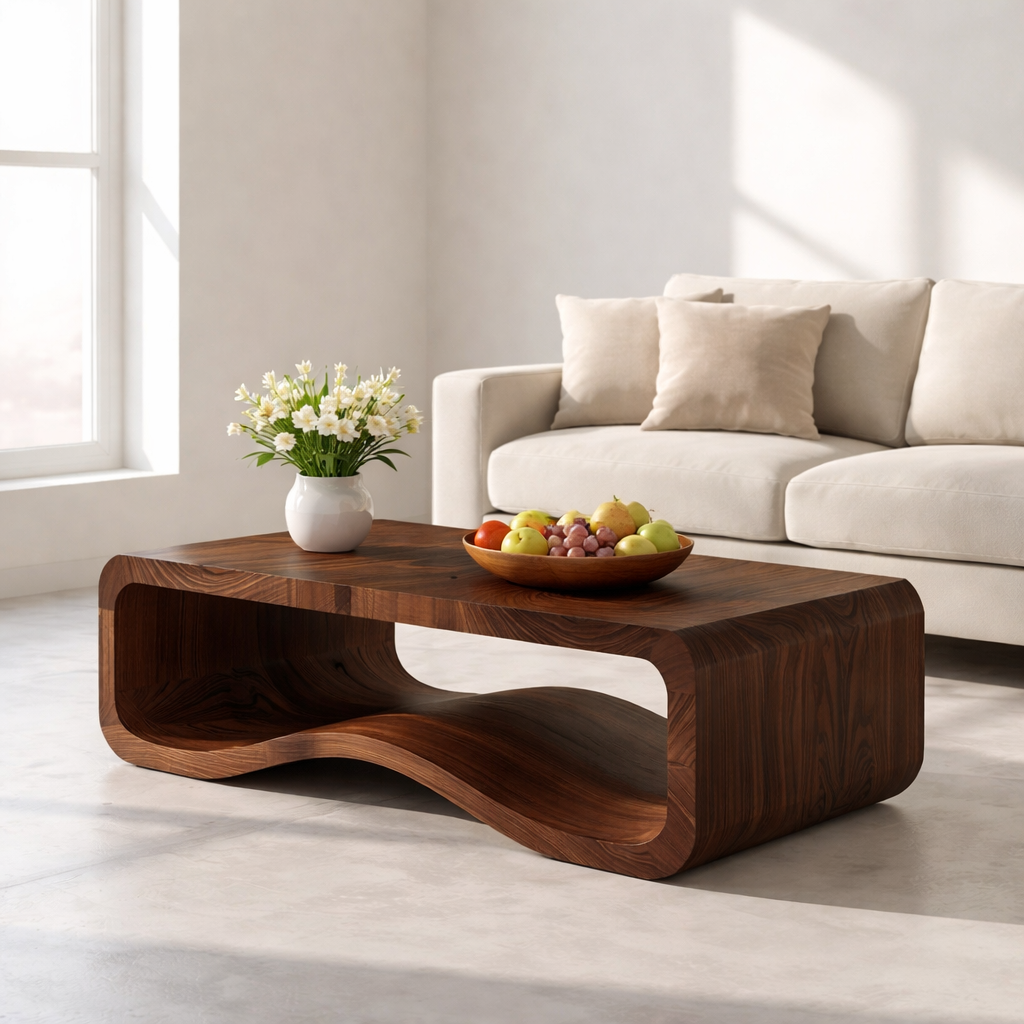 Solid Wood Sculptural Coffee Table with Open Curved Shelf