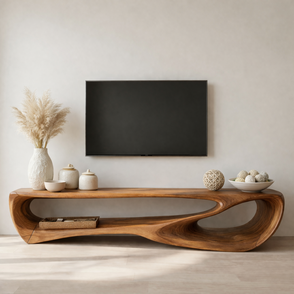 Handcrafted Solid Wood Sculptural TV Stand with Open Shelf Design