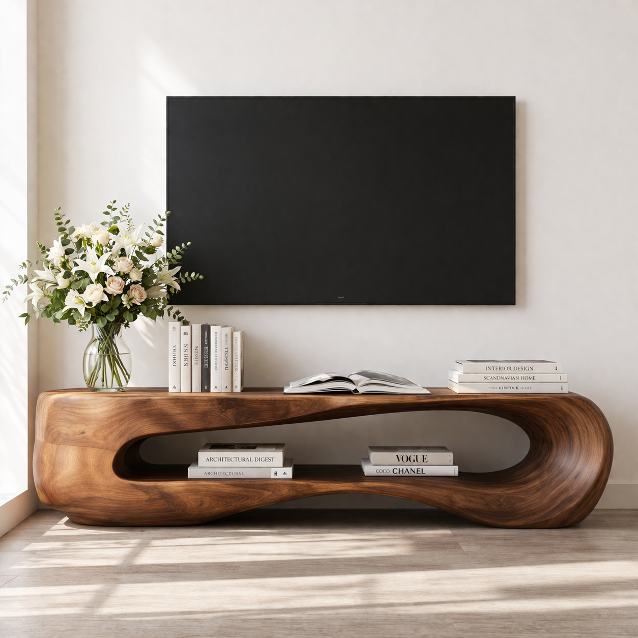 Solid Wood Sculptural TV Stand with Open Shelf and Organic Design