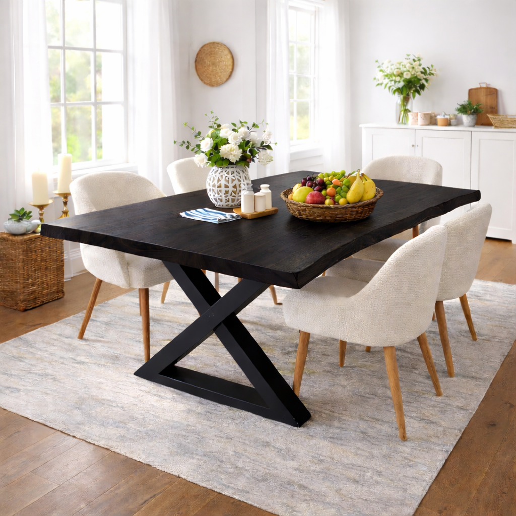 Modern Solid Oak Live Edge Dining Table with Black Steel X Base for Minimalist Homes