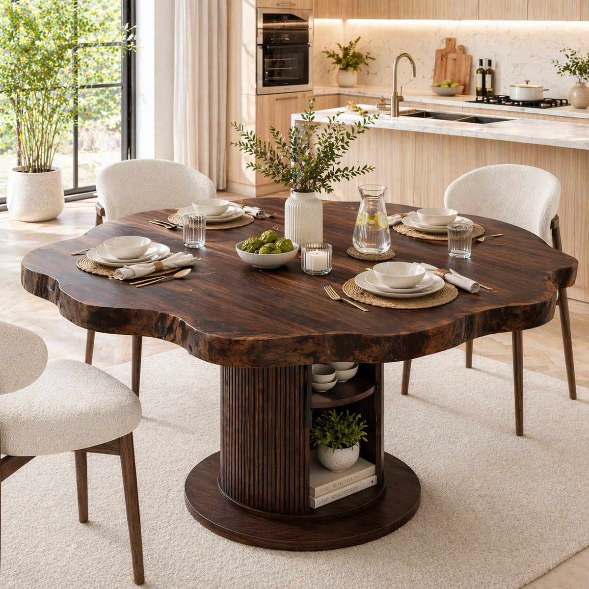 Live Edge Round Solid Wood Dining Table – Pedestal Table with Storage