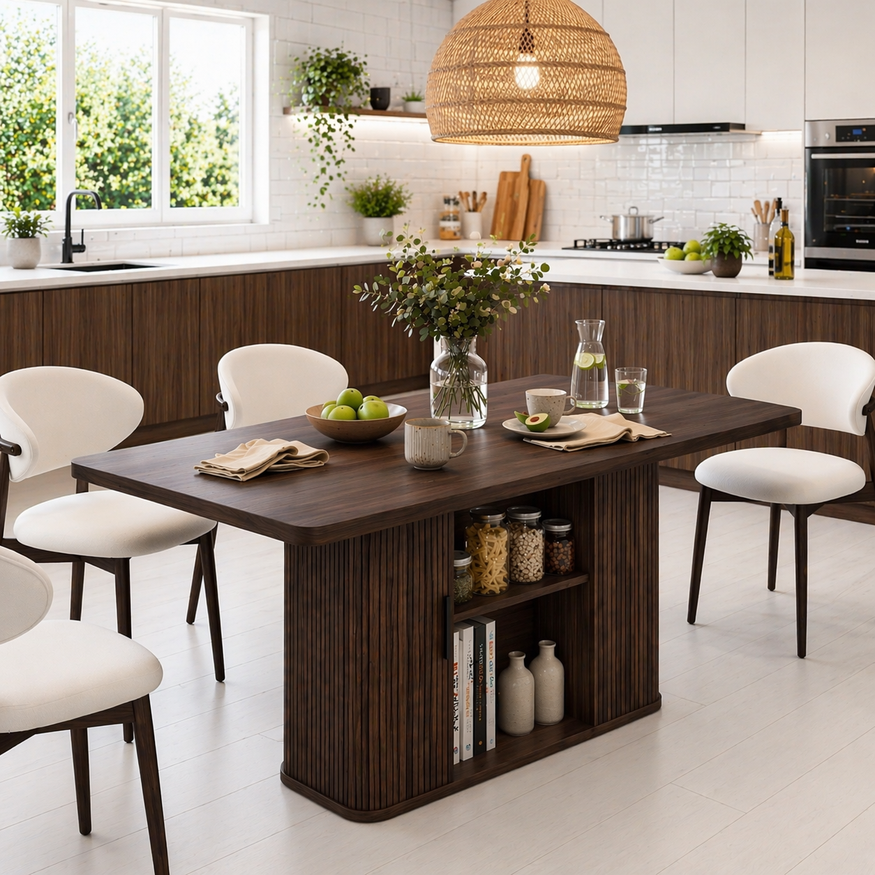 Solid Wood Dining Table with Storage – Walnut Kitchen Table with Fluted Base