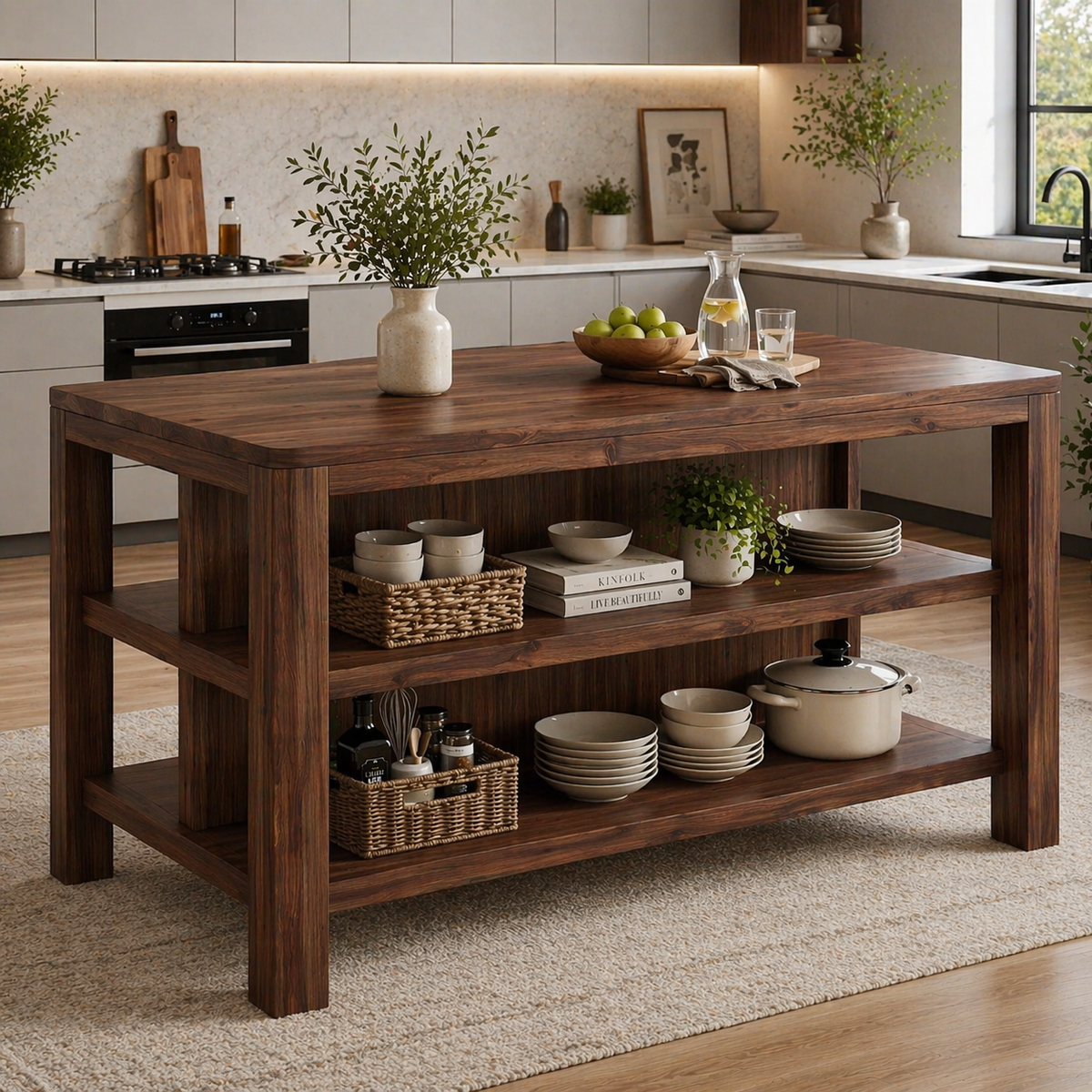 Solid Wood Kitchen Island with Open Shelves – Natural Oak Prep Table f