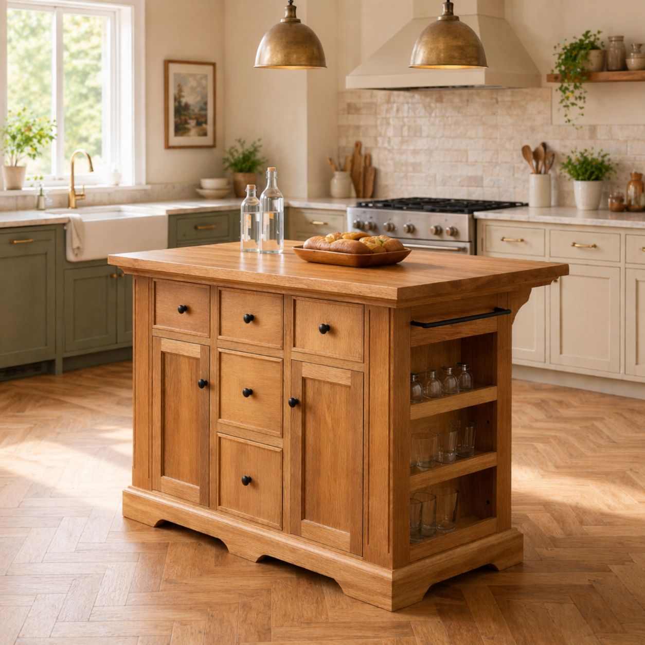 Solid Wood Kitchen Island with Storage Drawers – Farmhouse Kitchen Cabinet