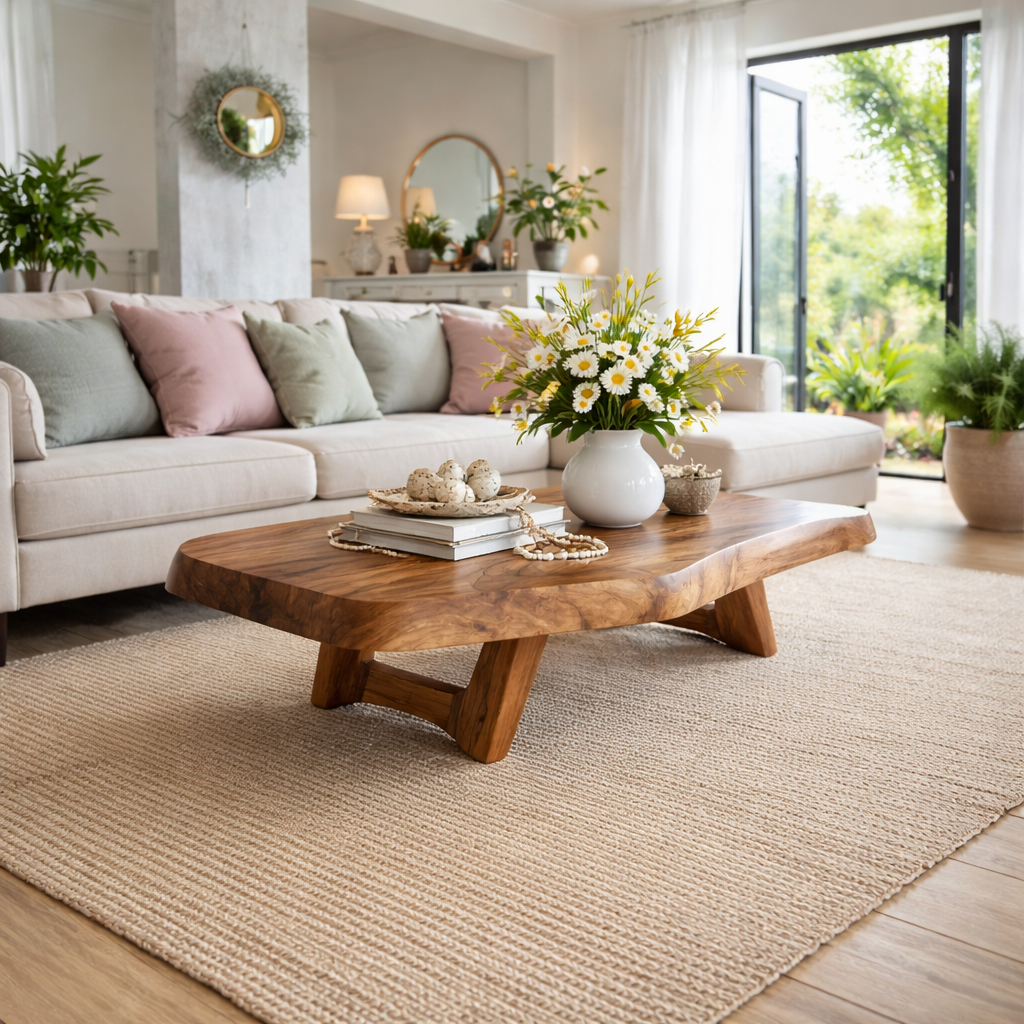 Solid Wood Coffee Table with Live Edge Top and Sculptural Base